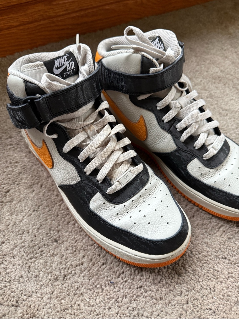 Nike Air Force One Men’s High-Top Sneakers — White, Black & Orange Swoosh